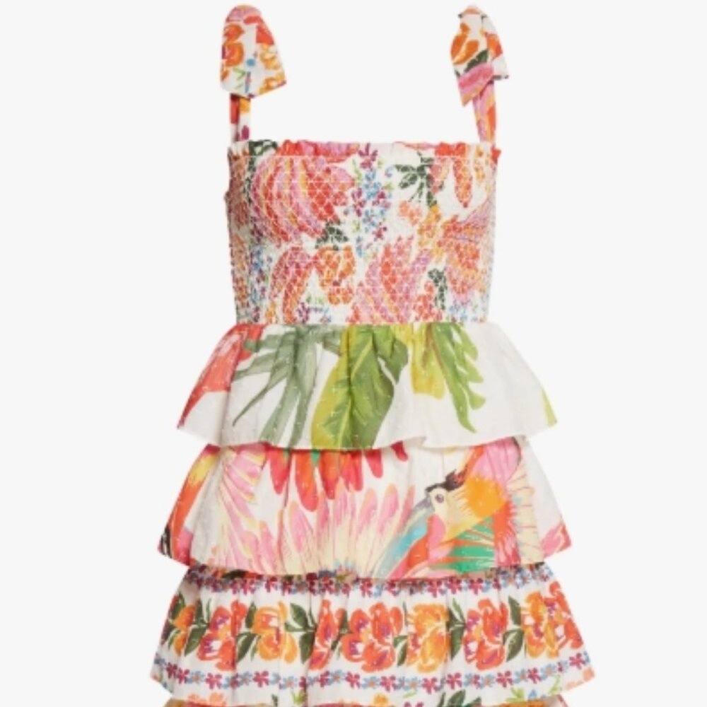 Farm Rio A-Line Dress White Floral Pleated/Ruffle Sleeveless Square Neck S $245